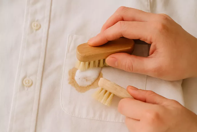 En närbild av en hand som skrubbar bort en fläck på en skjorta med en liten borste och applicerat rengöringsmedel
