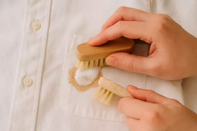 En närbild av en hand som skrubbar bort en fläck på en skjorta med en liten borste och applicerat rengöringsmedel